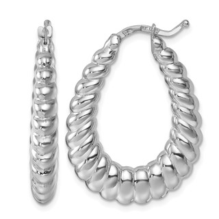 Herco 14K White Gold Rhodium-plated Polished and Grooved Graduated Oval Hoop Earrings