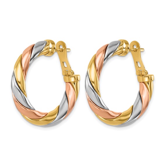 Herco 14K Tri-color Polished & Twisted Round Omega Hoop Earrings