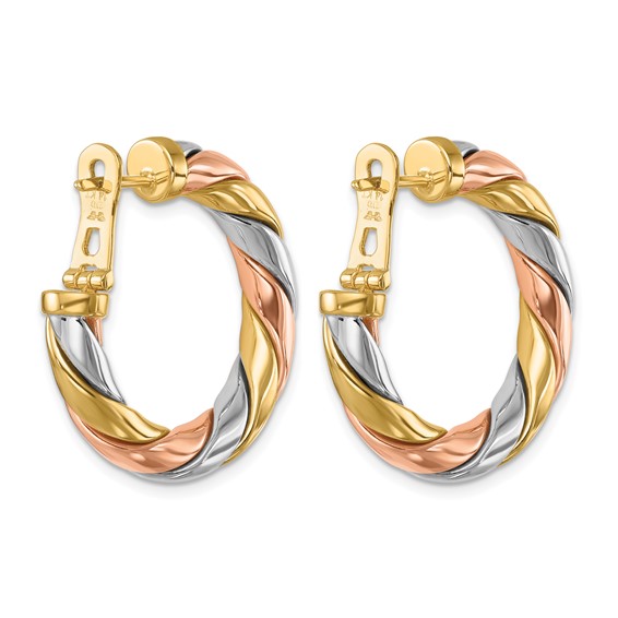 Herco 14K Tri-color Polished & Twisted Round Omega Hoop Earrings