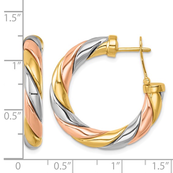 Herco 14K Tri-color Polished & Twisted Round Omega Hoop Earrings