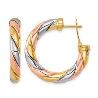 Herco 14K Tri-color Polished & Twisted Round Omega Hoop Earrings