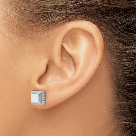 Herco 14K White Gold Rhodium-plated Polished Beveled Edge Square Post Earrings