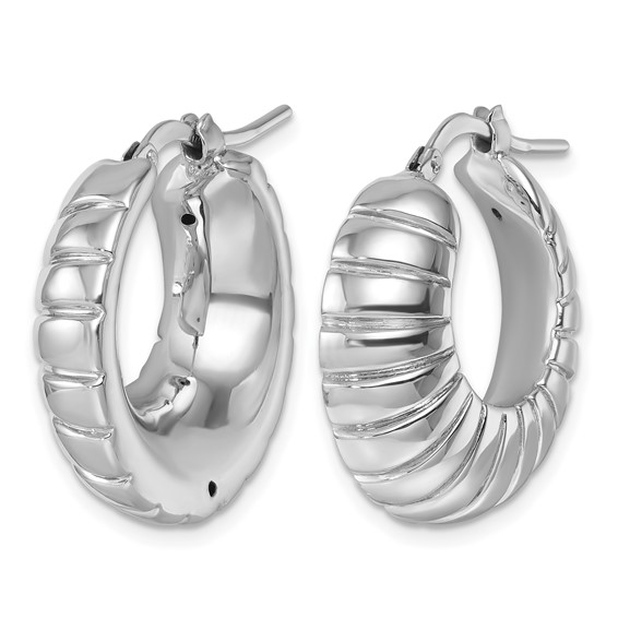 Herco 14K White Gold Rhodium-plated Polished and Grooved Round Hoop Earrings