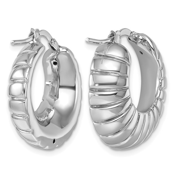 Herco 14K White Gold Rhodium-plated Polished and Grooved Round Hoop Earrings