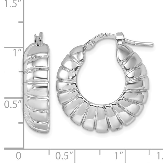 Herco 14K White Gold Rhodium-plated Polished and Grooved Round Hoop Earrings