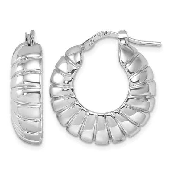Herco 14K White Gold Rhodium-plated Polished and Grooved Round Hoop Earrings