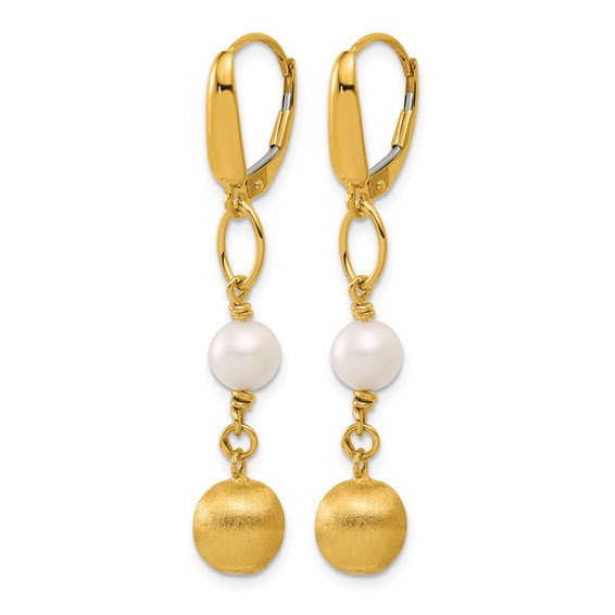 Herco 14K Brushed Beads and Freshwater Cultured Pearl Leverback Dangle Earrings