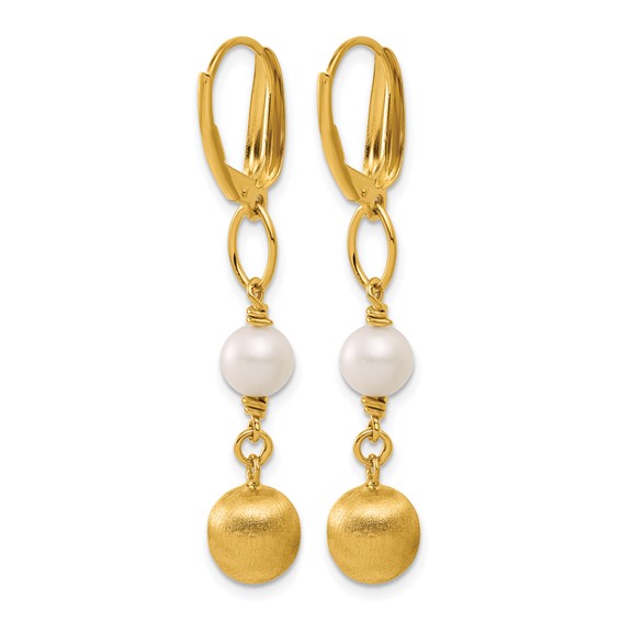 Herco 14K Brushed Beads and Freshwater Cultured Pearl Leverback Dangle Earrings