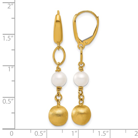 Herco 14K Brushed Beads and Freshwater Cultured Pearl Leverback Dangle Earrings