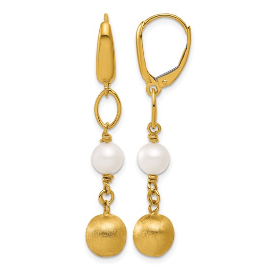 Herco 14K Brushed Beads and Freshwater Cultured Pearl Leverback Dangle Earrings