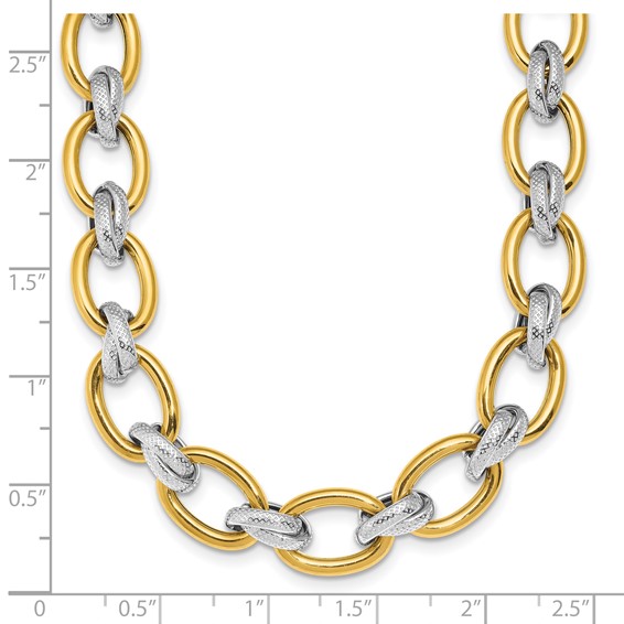 Herco 14K w/Rhodium Polished and Textured Fancy Oval Link Necklace