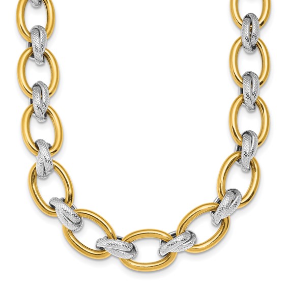 Herco 14K w/Rhodium Polished and Textured Fancy Oval Link Necklace