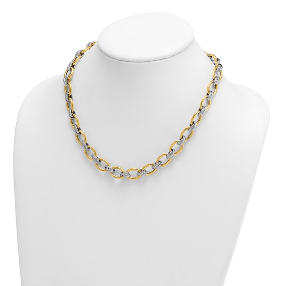 Herco 14K w/Rhodium Polished and Textured Fancy Oval Link Necklace
