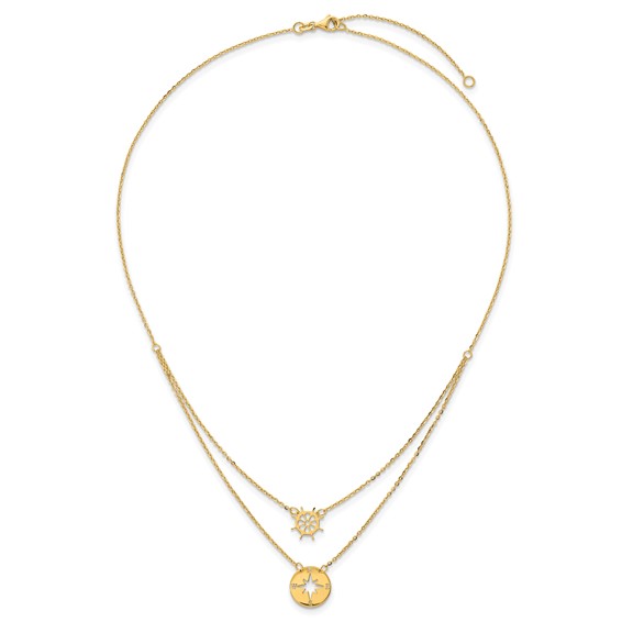 Herco 14K Polished 2-Strand Compass / Ship Wheel w/ 2in Ext. Necklace