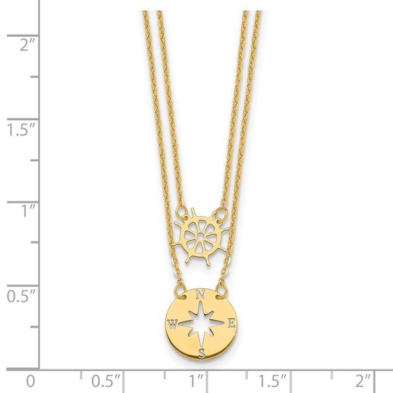 Herco 14K Polished 2-Strand Compass / Ship Wheel w/ 2in Ext. Necklace