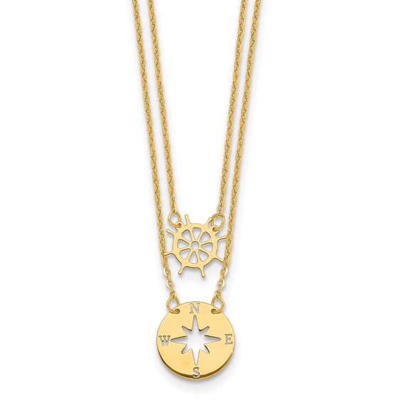 Herco 14K Polished 2-Strand Compass / Ship Wheel w/ 2in Ext. Necklace