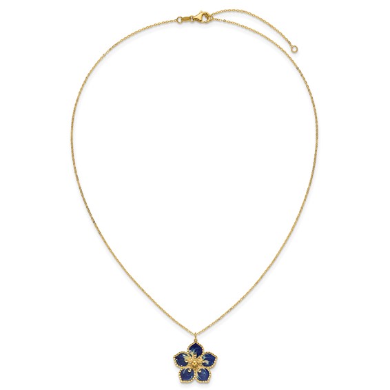 Herco 14K Polished Textured and Enameled Flower 16 Inch with 2 Inch Extension Necklace