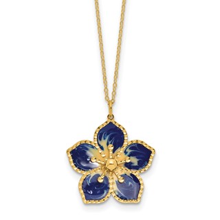 Herco 14K Polished Textured and Enameled Flower 16 Inch with 2 Inch Extension Necklace