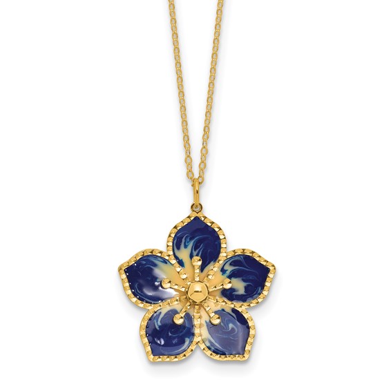 Herco 14K Polished Textured and Enameled Flower 16 Inch with 2 Inch Extension Necklace