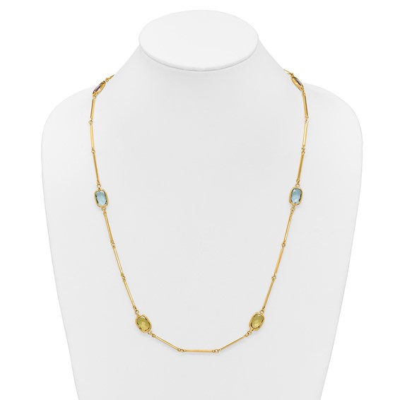Herco 14K Amethyst/Blue Topaz/Lemon Quartz Stations on Bar Link 26.5 Inch Necklace