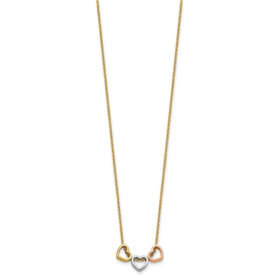 Herco 14K Tri-color Polished Three Heart 16in w/ 2in Ext Necklace