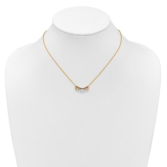Herco 14K Tri-color Polished Three Heart 16in w/ 2in Ext Necklace