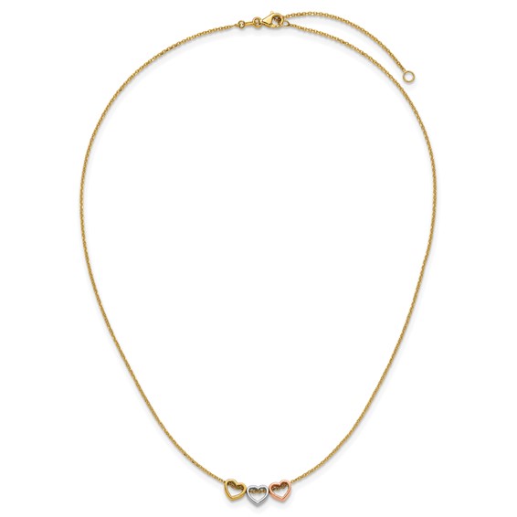 Herco 14K Tri-color Polished Three Heart 16in w/ 2in Ext Necklace