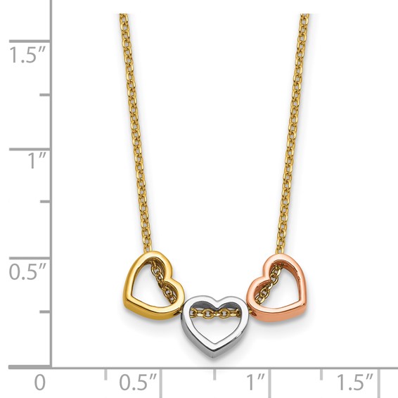 Herco 14K Tri-color Polished Three Heart 16in w/ 2in Ext Necklace