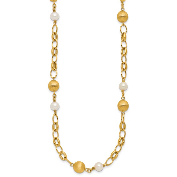Herco 14K Polished Brushed Beaded FWC Pearl Link 20.5in Necklace