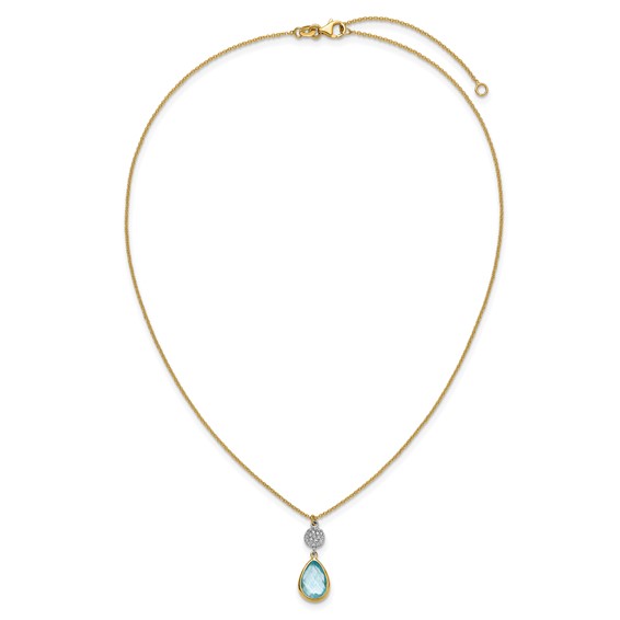 Herco 14K Two-tone Diamond and Blue Topaz Teardrop 16 Inch with 2 Inch Extension Necklace