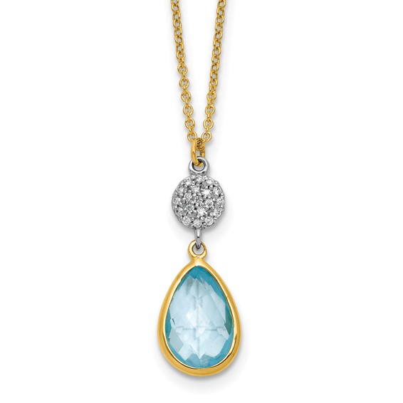 Herco 14K Two-tone Diamond and Blue Topaz Teardrop 16 Inch with 2 Inch Extension Necklace