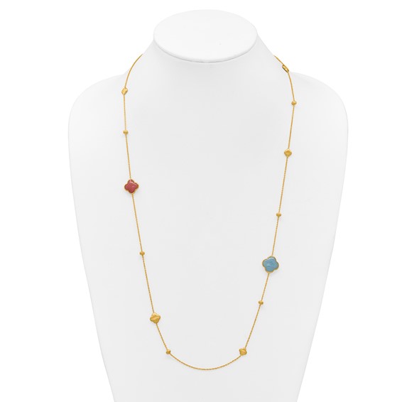 Herco 14K Brushed Aquamarine and Chalcedony Quatrefoil 30 Inch Station Necklace