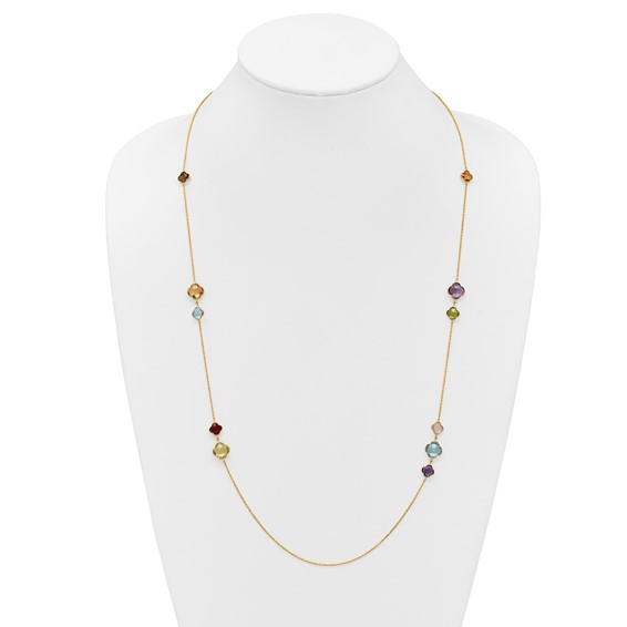 Herco 14K Polished Gemstone Quatrefoil Station 30in Necklace
