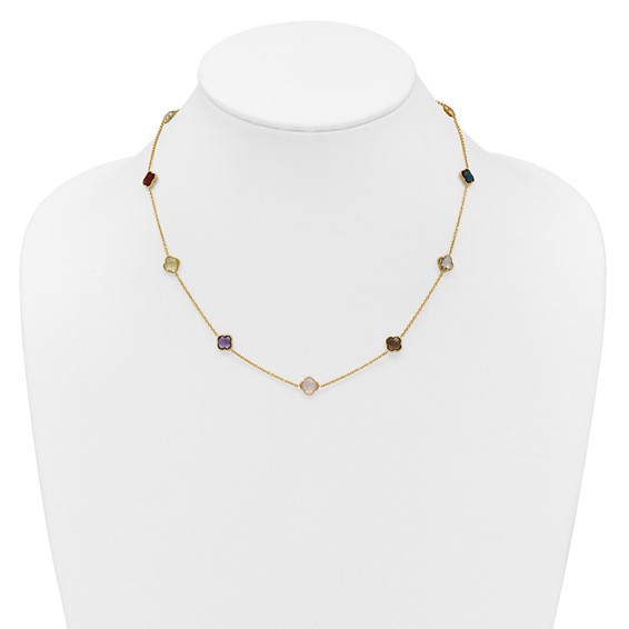 Herco 14K Polished Gemstone Quatrefoil Station 18in Necklace