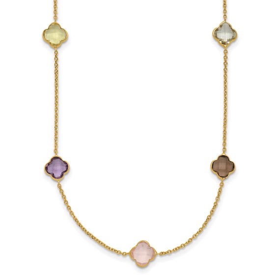 Herco 14K Polished Gemstone Quatrefoil Station 18in Necklace