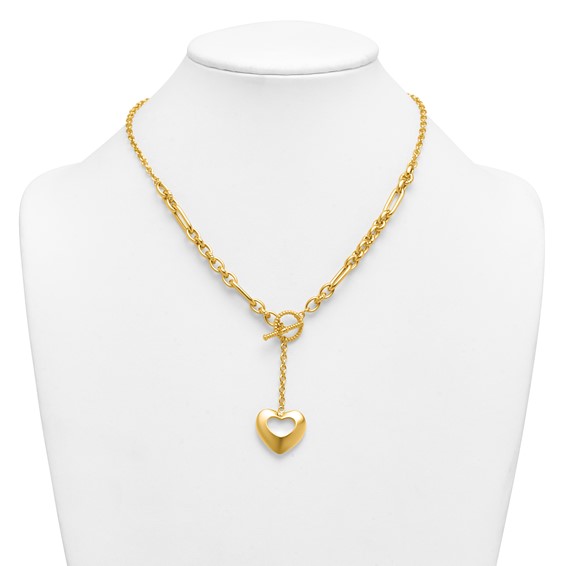 Herco 14K Polished and Beaded Mixed Link Heart Drop Toggle 18.25 Inch Necklace