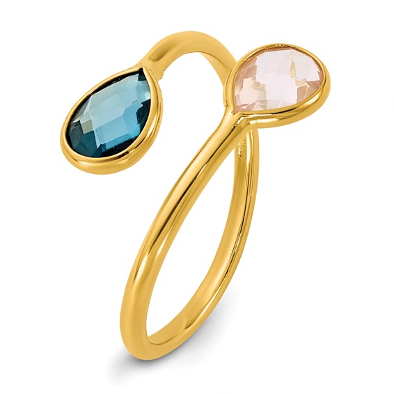 Herco 14K Polished London Blue Topaz and Pink Quartz Teardrop Bypass Ring