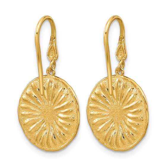 Herco 14K Polished and Textured Diamond Flower Shephard Hook Dangle Earrings