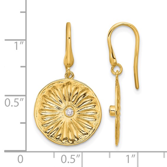 Herco 14K Polished and Textured Diamond Flower Shephard Hook Dangle Earrings