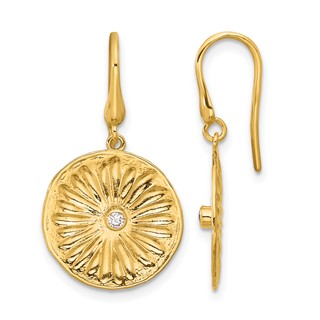 Herco 14K Polished and Textured Diamond Flower Shephard Hook Dangle Earrings