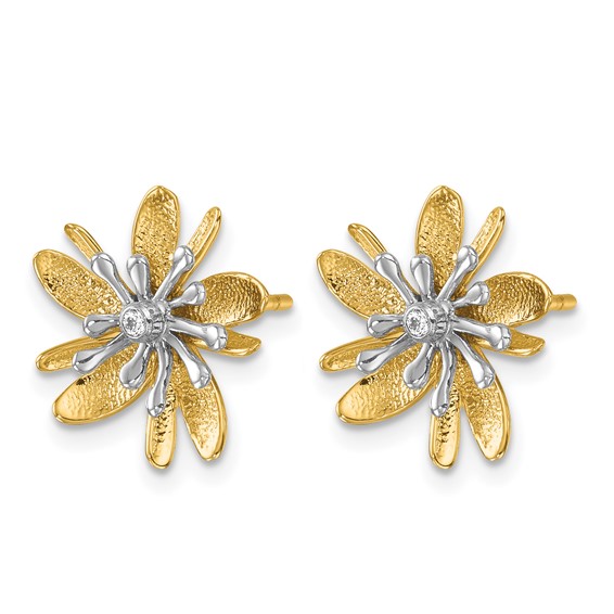 Herco 14K Two-tone Polished and Textured Diamond Flower Post Earrings
