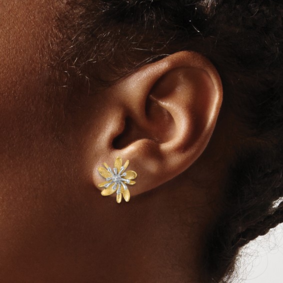 Herco 14K Two-tone Polished and Textured Diamond Flower Post Earrings