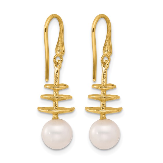 Herco 14K Polished and Textured Freshwater Cultured Pearls and Three Disc Shephard Hook Dangle Earrings