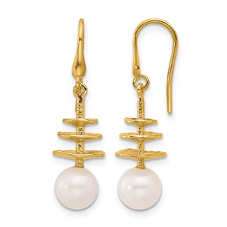 Herco 14K Polished and Textured Freshwater Cultured Pearls and Three Disc Shephard Hook Dangle Earrings
