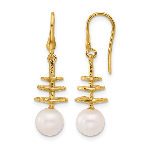 Herco 14K Polished and Textured Freshwater Cultured Pearls and Three Disc Shephard Hook Dangle Earrings