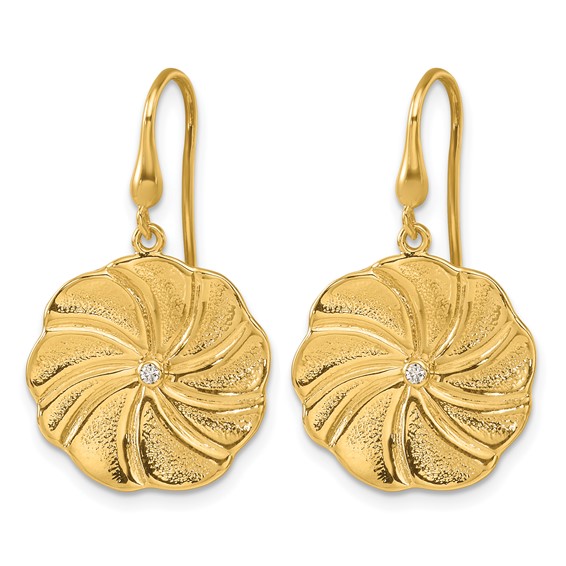 Herco 14K Polished and Textured Diamond Swirl Circle Shephard Hook Dangle Earrings