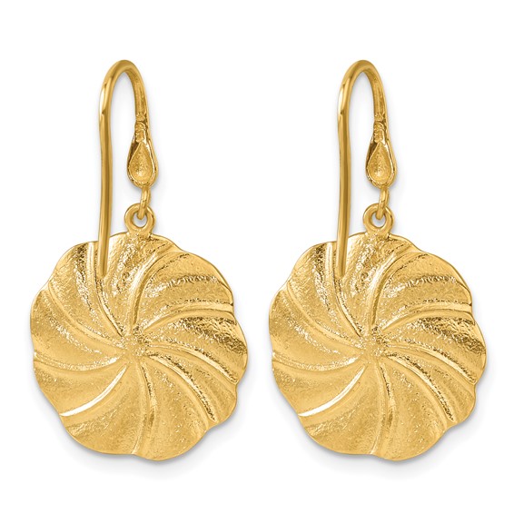 Herco 14K Polished and Textured Diamond Swirl Circle Shephard Hook Dangle Earrings