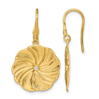 Herco 14K Polished and Textured Diamond Swirl Circle Shephard Hook Dangle Earrings