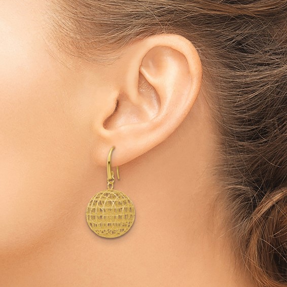 Herco 14K Polished Brushed and Textured Wire Wrapped Circle Shephard Hook Dangle Earrings