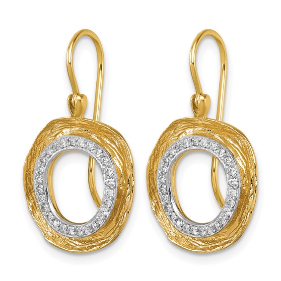 Herco 14K with White Rhodium Polished and Textured Diamond Circle Shephard Hook Dangle Earrings